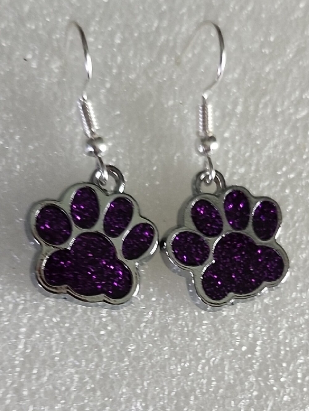 Hand Crafted Purple Glitter Paw Print Dangle Earrings